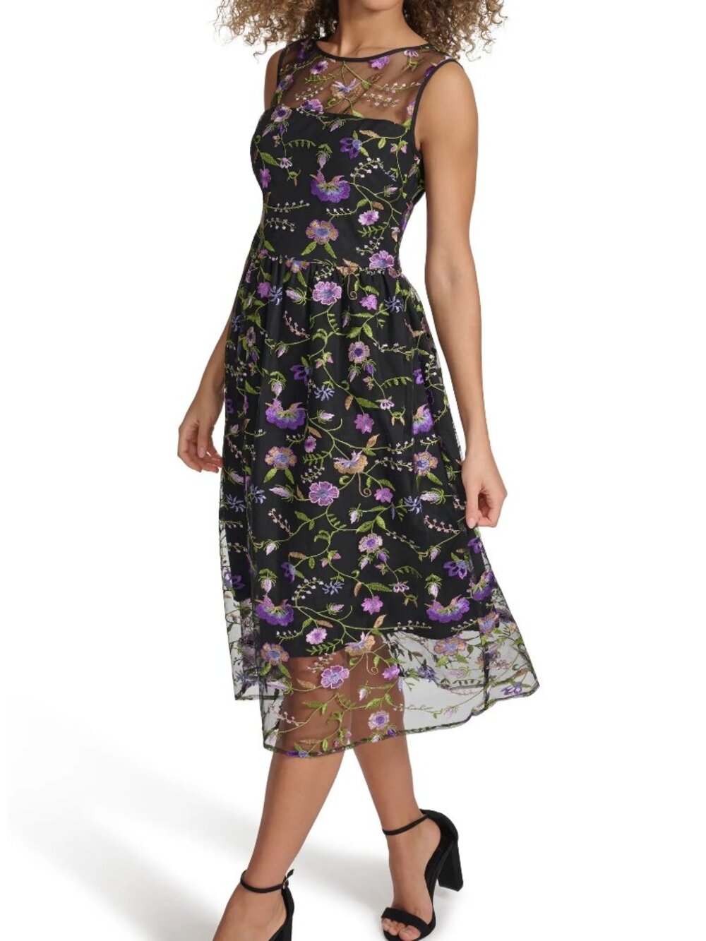 Kensie Floral Embroidered Mesh Cocktail Midi Dress Black Size 4 NWT